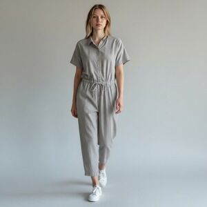 Eileen Fisher Organic Cotton Linen Ticking Stripe Wide Leg Cropped Jumpsuit Sz M